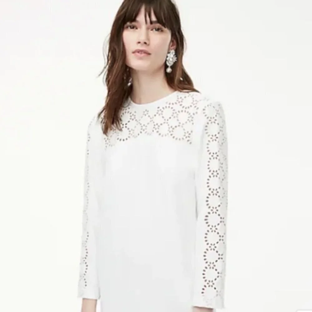 J. Crew White Laser-Cut Eyelet Lace Long Sleeve Shift Dress in 365 Crepe Size 14